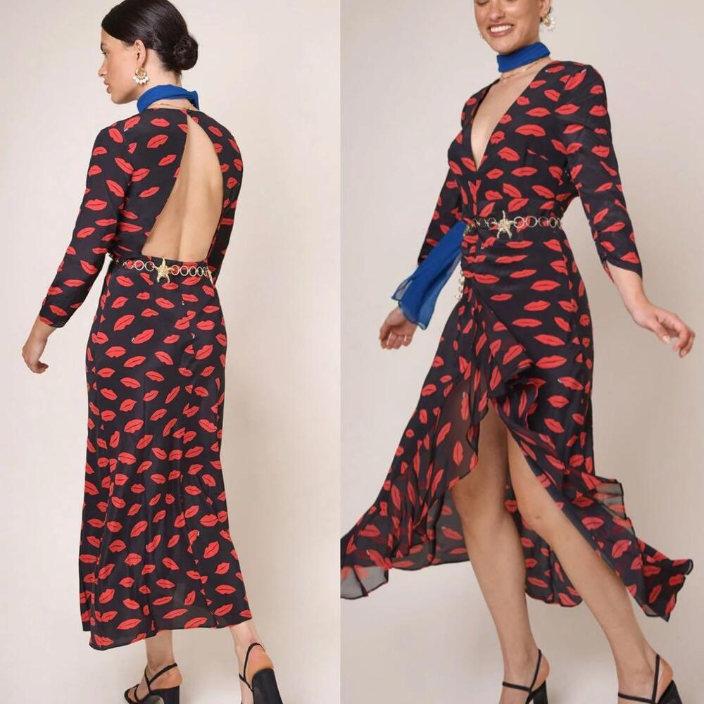Rixo Kisses Midi Dress Womens Size M Black Red Open Back Deep V Silk